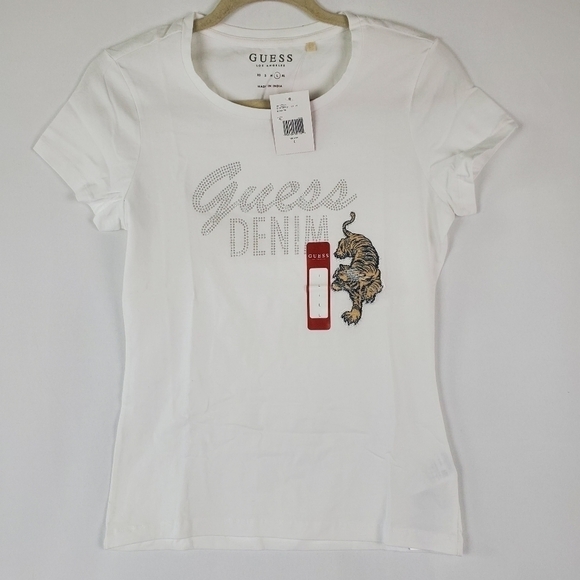 NWT GUESS Denim Los Angeles White T-Shirt with Tiger Logo Womens Size Large - Picture 1 of 7